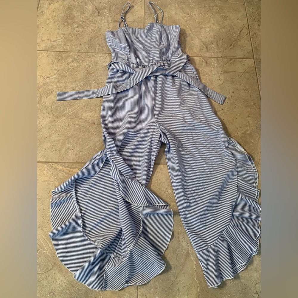 Purple Snow Striped Blue White Jumpsuit with Cropped Ruffle Hem - Size Medium - Picture 4 of 13